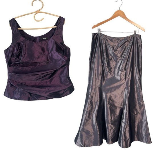 Vera Mont Paris Chrome Silver Sheen A-Line Midi Skirt & Purple Back Zip Top - Picture 16 of 16